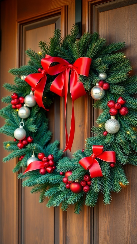 A festive DIY Christmas wreath with pine, ribbons, and ornaments on a wooden door.